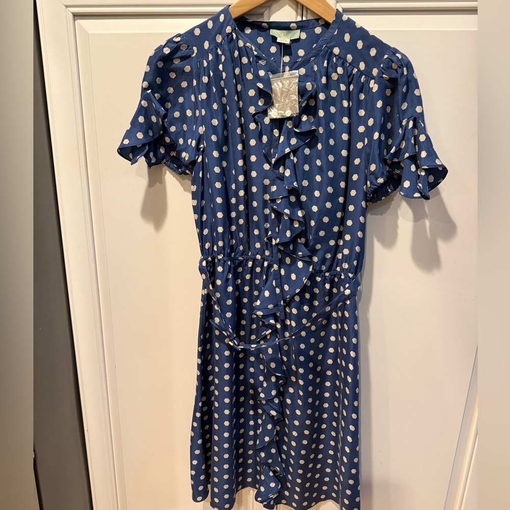 Anthropologie 100% Silk Blue Polka Dot Dress